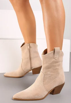 Beżowe Botki na Stożku w Stylu Kowbojek Saivana