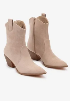 Beżowe Botki na Stożku w Stylu Kowbojek Saivana