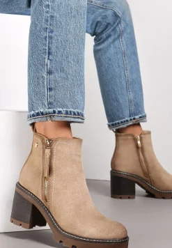 Beżowe Botki na Słupku Boho z Suwakiem Kodra
