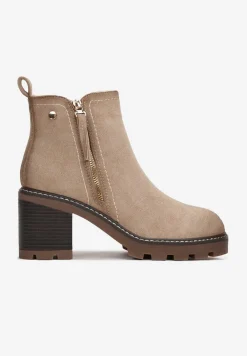 Beżowe Botki na Słupku Boho z Suwakiem Kodra
