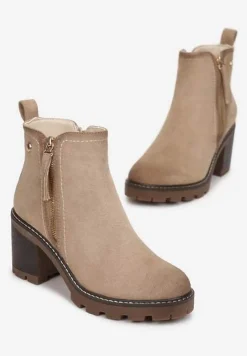 Beżowe Botki na Słupku Boho z Suwakiem Kodra