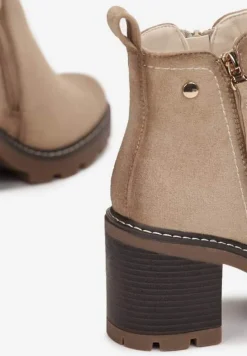 Beżowe Botki na Słupku Boho z Suwakiem Kodra