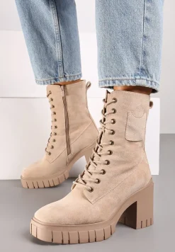 Beżowe Botki na Słupku i Platformie ze Sznurowaniem Ameni