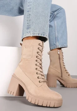 Beżowe Botki na Słupku i Platformie ze Sznurowaniem Ameni