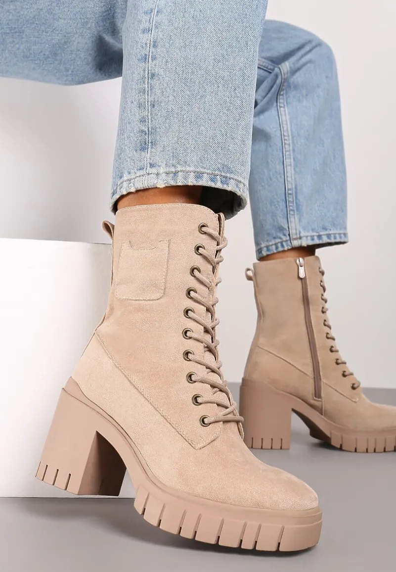 Beżowe Botki na Słupku i Platformie ze Sznurowaniem Ameni