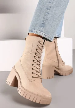 Beżowe Botki na Słupku i Platformie ze Sznurowaniem Ameni