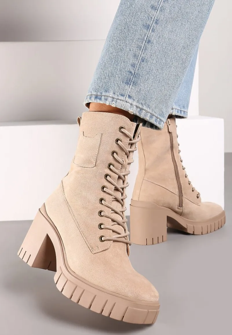Beżowe Botki na Słupku i Platformie ze Sznurowaniem Ameni