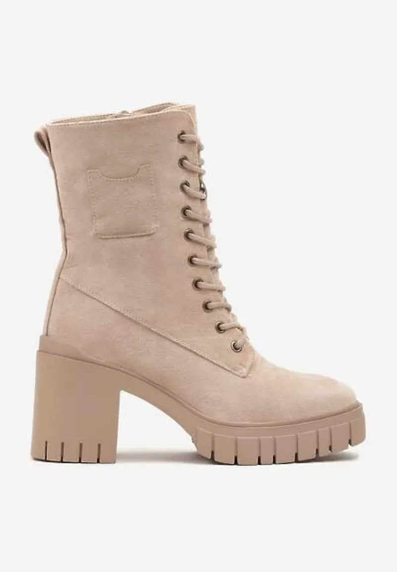 Beżowe Botki na Słupku i Platformie ze Sznurowaniem Ameni