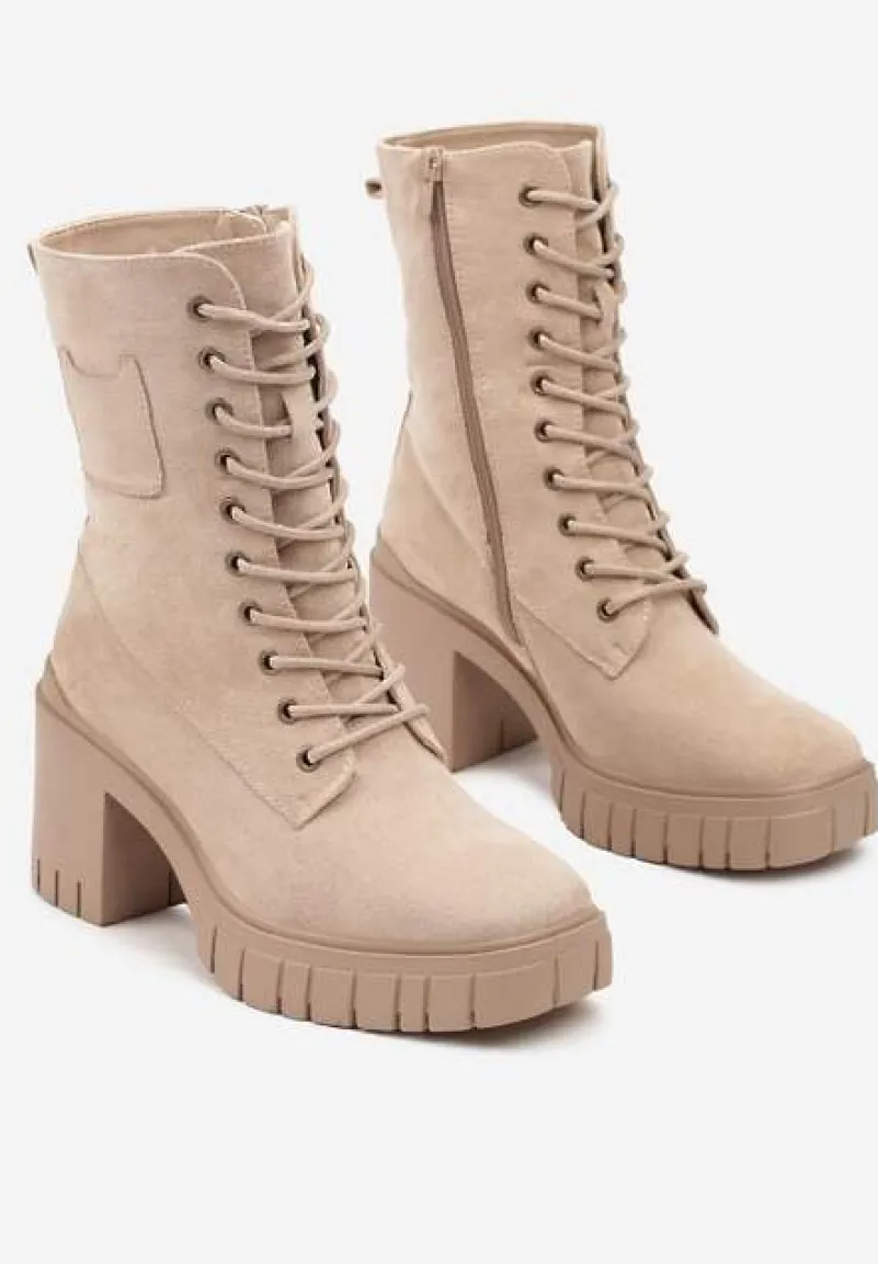 Beżowe Botki na Słupku i Platformie ze Sznurowaniem Ameni