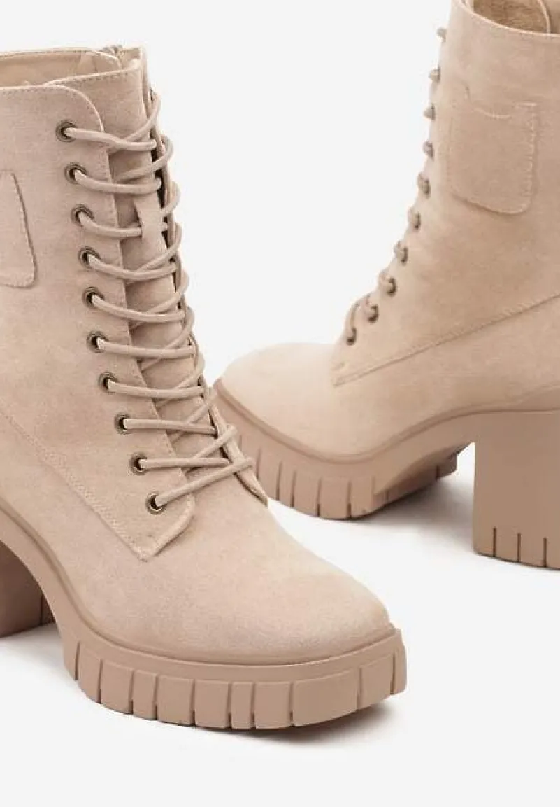 Beżowe Botki na Słupku i Platformie ze Sznurowaniem Ameni