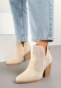 Beżowe Botki na Słupku Ozdobione Wycięciem z Boku Dolirista