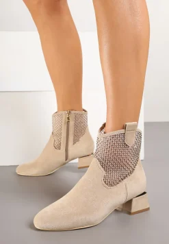 Beżowe Botki na Słupku Vices Ozdobione Siateczką na Cholewce Deovenna