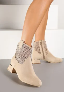 Beżowe Botki na Słupku Vices Ozdobione Siateczką na Cholewce Deovenna