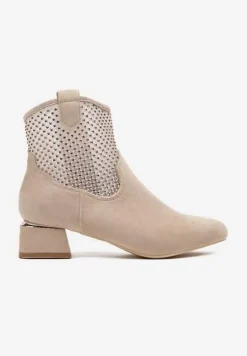 Beżowe Botki na Słupku Vices Ozdobione Siateczką na Cholewce Deovenna