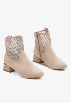 Beżowe Botki na Słupku Vices Ozdobione Siateczką na Cholewce Deovenna
