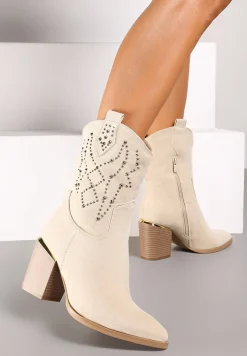 Beżowe Botki na Słupku w Stylu Kowbojek Irilianne