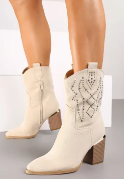 Beżowe Botki na Słupku w Stylu Kowbojek Irilianne