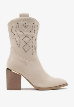 Beżowe Botki na Słupku w Stylu Kowbojek Irilianne