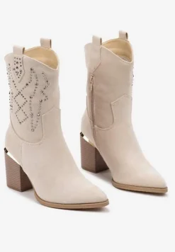 Beżowe Botki na Słupku w Stylu Kowbojek Irilianne