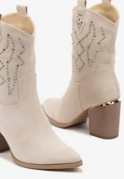 Beżowe Botki na Słupku w Stylu Kowbojek Irilianne