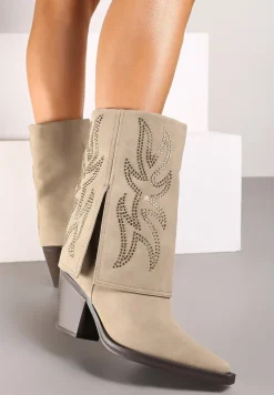 Beżowe Botki na Słupku w Stylu Kowbojek z Wywiniętą Cholewką i Cyrkoniami Verisani