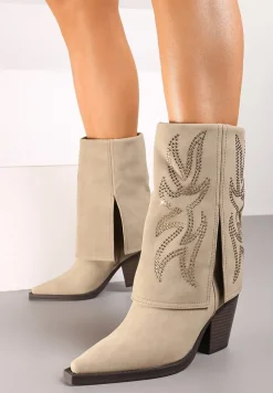 Beżowe Botki na Słupku w Stylu Kowbojek z Wywiniętą Cholewką i Cyrkoniami Verisani