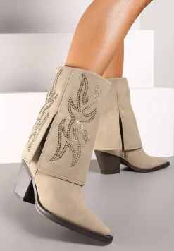 Beżowe Botki na Słupku w Stylu Kowbojek z Wywiniętą Cholewką i Cyrkoniami Verisani