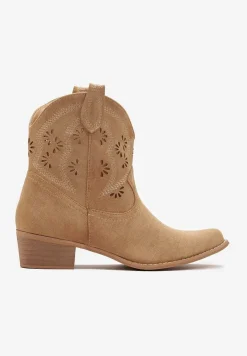 Beżowe Botki na Słupku z Ażurową Wstawką i Wkładką ze Skóry Naturalnej Lunaflora