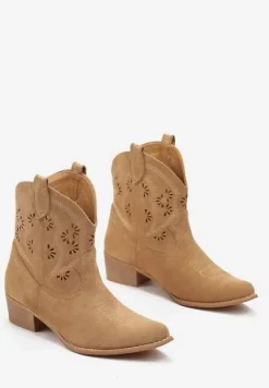 Beżowe Botki na Słupku z Ażurową Wstawką i Wkładką ze Skóry Naturalnej Lunaflora