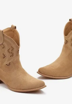 Beżowe Botki na Słupku z Ażurową Wstawką i Wkładką ze Skóry Naturalnej Lunaflora