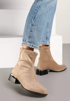 Beżowe Botki na Słupku z Brokatem Ozdobione Metalicznym Wykończeniem Irialan