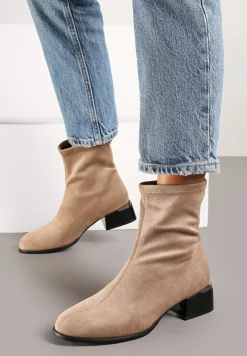 Beżowe Botki na Słupku z Brokatem Ozdobione Metalicznym Wykończeniem Irialan