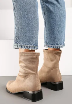 Beżowe Botki na Słupku z Brokatem Ozdobione Metalicznym Wykończeniem Irialan