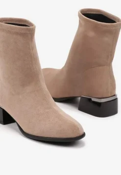 Beżowe Botki na Słupku z Brokatem Ozdobione Metalicznym Wykończeniem Irialan