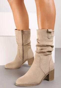 Beżowe Botki na Słupku z Ozdobnymi Marszczeniami na Cholewce Laonetta