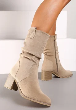 Beżowe Botki na Słupku z Ozdobnymi Marszczeniami na Cholewce Laonetta