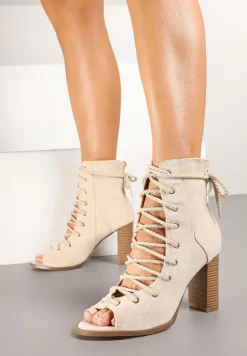 Beżowe Botki Sandały na Obcasie z Noskiem Peep Toe i Sznurowaniem Celdanis