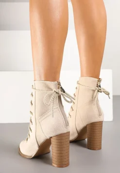 Beżowe Botki Sandały na Obcasie z Noskiem Peep Toe i Sznurowaniem Celdanis