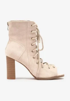 Beżowe Botki Sandały na Obcasie z Noskiem Peep Toe i Sznurowaniem Celdanis