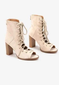 Beżowe Botki Sandały na Obcasie z Noskiem Peep Toe i Sznurowaniem Celdanis