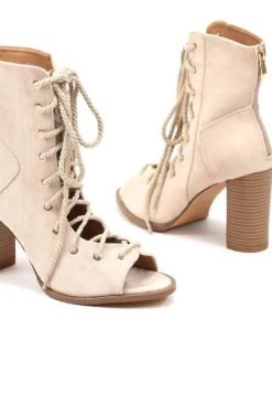 Beżowe Botki Sandały na Obcasie z Noskiem Peep Toe i Sznurowaniem Celdanis