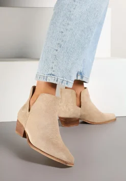 Beżowe Botki Typu Kowbojki z Wycięciem na Stożkowym Obcasie Hanrisa