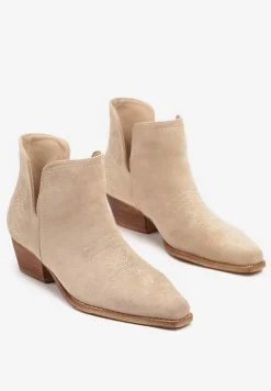 Beżowe Botki Typu Kowbojki z Wycięciem na Stożkowym Obcasie Hanrisa
