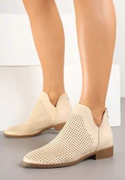 Beżowe Botki Vices na Płaskiej Podeszwie Ozdobione Wycięciem Felirwen