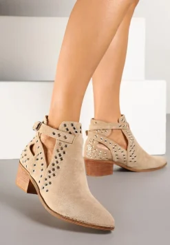 Beżowe Botki Vices na Słupku w Stylu Kowbojek z Metalicznymi Aplikacjami i Wycięciami Virori
