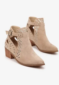 Beżowe Botki Vices na Słupku w Stylu Kowbojek z Metalicznymi Aplikacjami i Wycięciami Virori