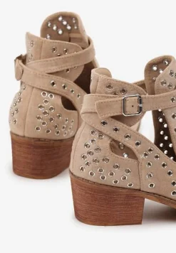 Beżowe Botki Vices na Słupku w Stylu Kowbojek z Metalicznymi Aplikacjami i Wycięciami Virori