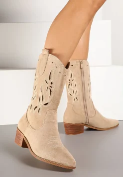 Beżowe Botki Vices na Słupku Kowbojki z Ażurową Cholewką Rivori