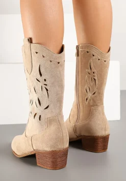 Beżowe Botki Vices na Słupku Kowbojki z Ażurową Cholewką Rivori