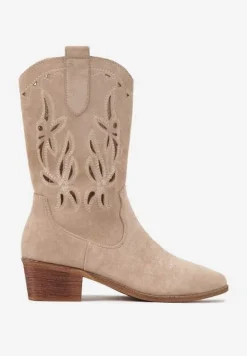 Beżowe Botki Vices na Słupku Kowbojki z Ażurową Cholewką Rivori